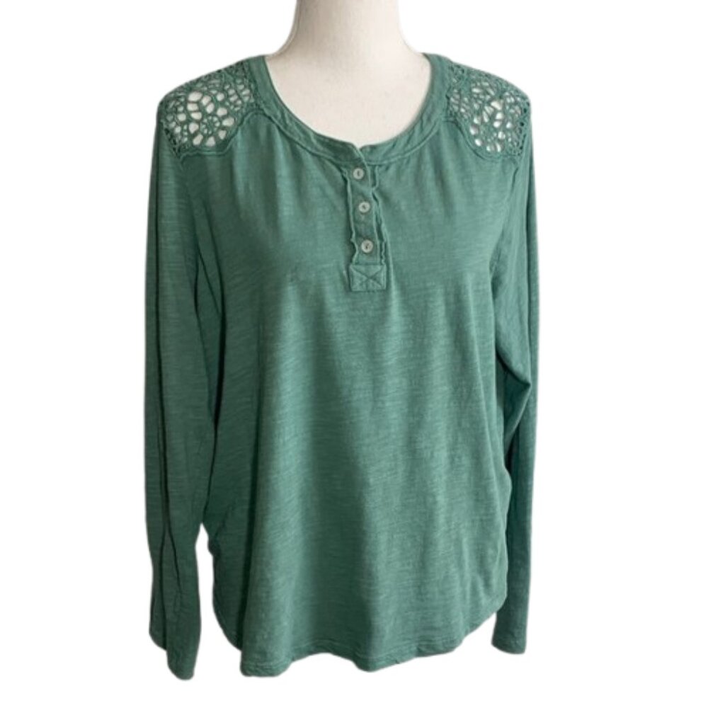 Lucky Brand Teal Lace Shoulder Long Sleeve Top